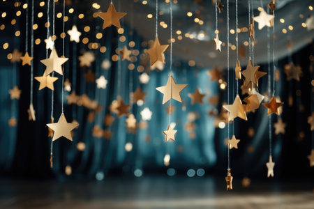 Christmas and New Year background with golden stars and garlands, bokeh lights.の素材