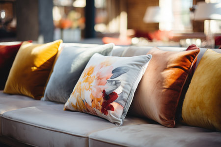 Colorful pillows on sofa decoration interior of living room, stock photoの素材