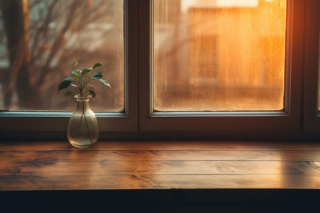 Vase with plant on wooden table in front of window at sunsetの素材