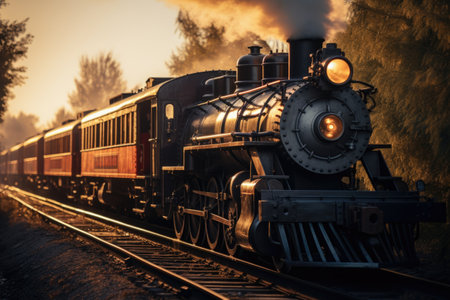 Steam locomotive at sunset, close-up. Retro style.の素材