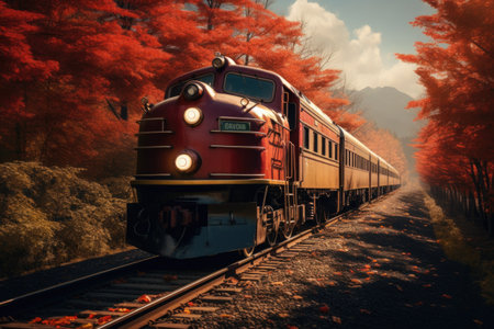 Train in the autumn forest. Retro train in the autumn forest.の素材