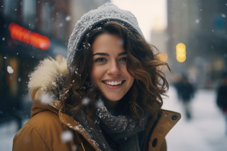 Portrait of a beautiful young woman in winter clothes on a city streetの素材