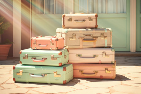 Stack of old suitcases on the floor in front of the houseの素材