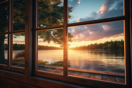 Sunset over the lake through the window of a wooden house.の素材