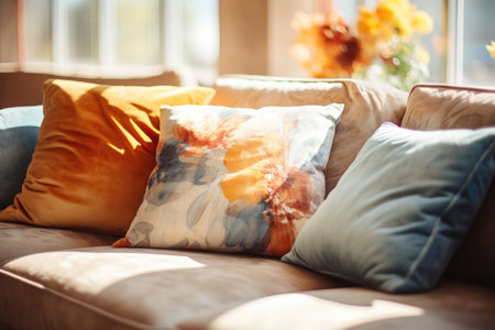 Colorful pillows on sofa in living room at sunny day.の素材
