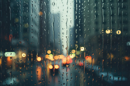 Rain drops on window glass with blurred city lights bokeh backgroundの素材