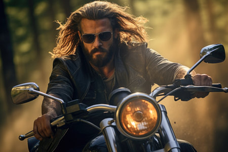 Biker with long hair and beard riding a motorcycle in the forestの素材