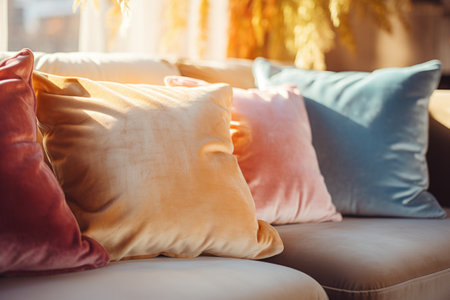 Colorful pillow on sofa decoration in living room interior - Vintage Light Filterの素材