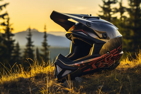 Motorcycle helmet on the top of the mountain in the rays of the setting sunの素材