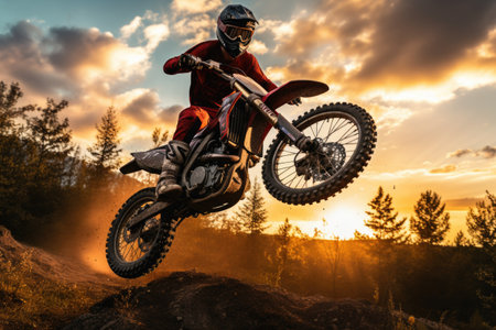 Motocross rider on the race in the rays of the setting sunの素材