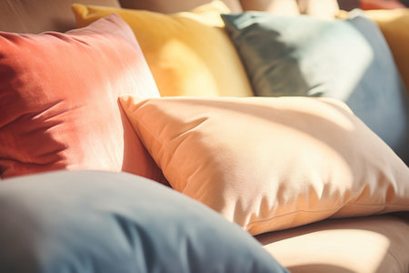 Colorful pillows on sofa, close up. Interior design conceptの素材