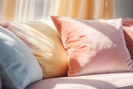 Colorful pillows on sofa in living room, closeup. Interior designの素材