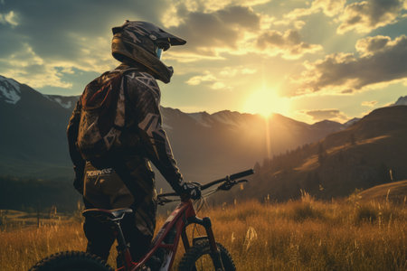 Mountain biker on the background of the setting sun in the mountainsの素材