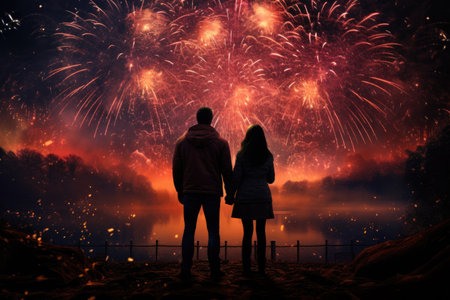 Couple looking at fireworks in the night sky. New year conceptの素材