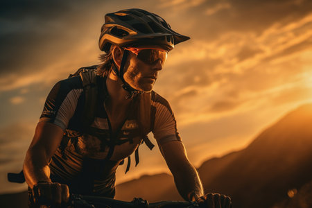 Cyclist Riding the Mountain Bike at Sunset. Extreme Sport Concept.の素材