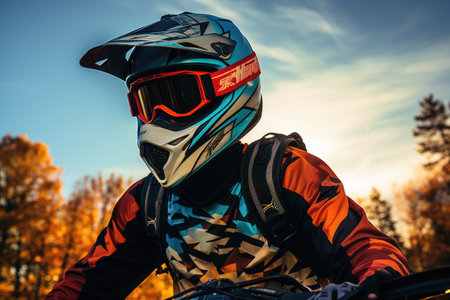 Motocross rider in helmet and glasses on the background of autumn forest.の素材