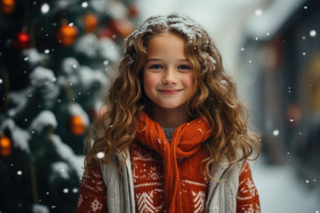 Portrait of a beautiful little girl on the background of the Christmas treeの素材