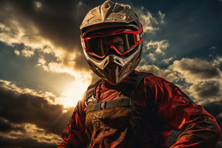 Close-up portrait of a motorcyclist in helmet and goggles.の素材