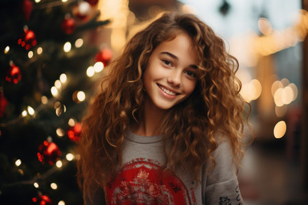 Portrait of a beautiful young girl with curly hair on the background of the Christmas tree.の素材