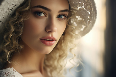 Beautiful young woman with curly blonde hair and makeup in elegant hat. Beauty, fashion.の素材