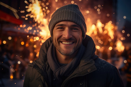 Portrait of happy young man with sparklers on Christmas market.の素材