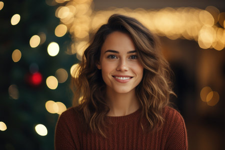 Portrait of beautiful young woman looking at camera with Christmas tree in backgroundの素材