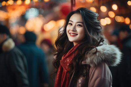 Portrait of a beautiful Asian woman with long wavy hair in the cityの素材