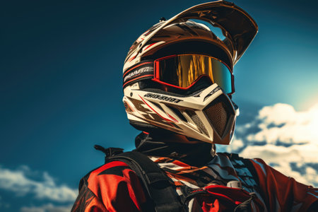 Racing biker in helmet and glasses on the background of blue skyの素材