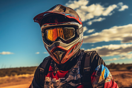Motocross rider in helmet on the road. Extreme sport.の素材