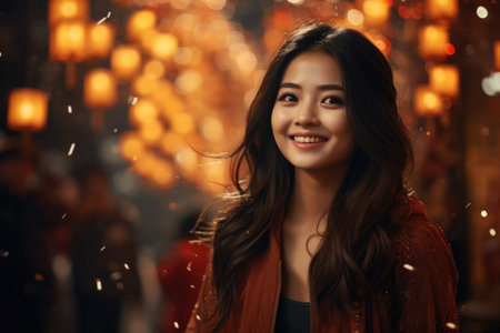 Portrait of beautiful young Asian woman wearing red coat and smiling.の素材