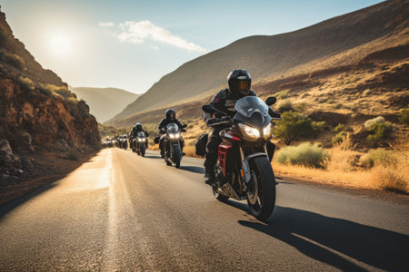 Group of motorcyclists riding on the road in the desert.の素材