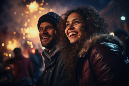 Happy couple having fun on New Year Eve at night with fireworks.の素材