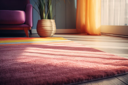 Living room interior with colorful carpet and armchair. Cozy home conceptの素材