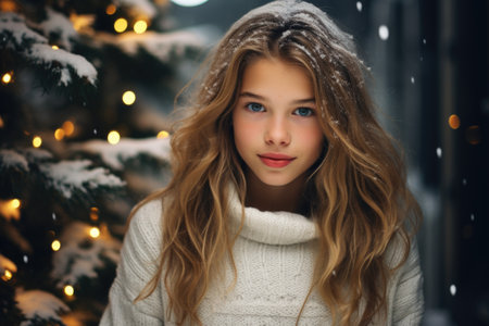 Portrait of a beautiful young girl on the background of a Christmas treeの素材