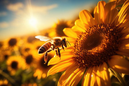 Sunflower and bee on the background of the sun. Sunset.の素材