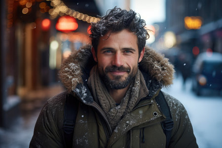 Portrait of a handsome young man standing in a snowy street.の素材