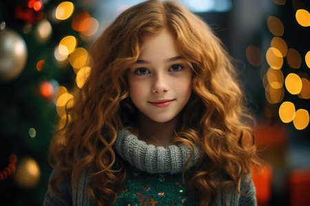 Portrait of a beautiful young woman with curly red hair in a green sweater on the background of a Christmas tree.の素材