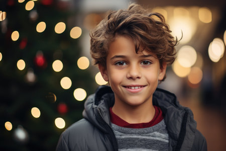Portrait of a smiling boy in winter clothes against the background of a Christmas treeの素材