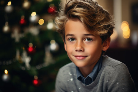 Portrait of a cute little boy in front of a Christmas treeの素材