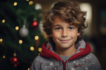 Portrait of a cute little boy with curly hair in Christmas decorationsの素材