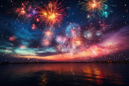 Colorful fireworks over the sea and sky at Pattaya, Thailandの素材