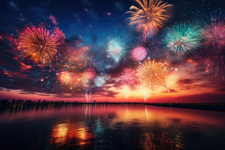 Colorful fireworks with reflection on water, Happy new year celebration conceptの素材