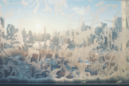 Beautiful view of the city through the frosted window. Winter backgroundの素材