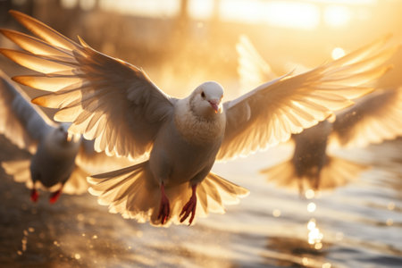 Seagulls flying in the sunset light. Seagulls flying in the sunset.の素材
