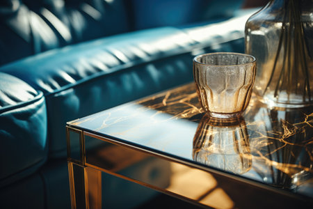 Vintage glass vase on glass table in living room, stock photoの素材