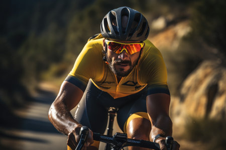 Cyclist Riding the Bike on the Trail in the Beautiful Mountains.の素材