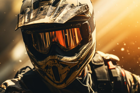 Close-up of a motorcyclist in helmet and goggles.の素材