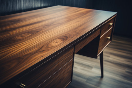 Close up of a wooden desk in a modern office. Selective focus.の素材