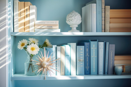 White bookshelf with books and vase with flowers in roomの素材