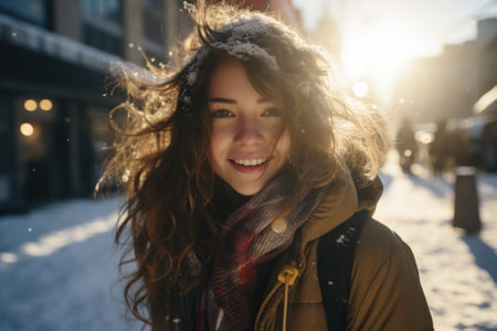 Portrait of a beautiful young woman with long curly hair on the street in winterの素材
